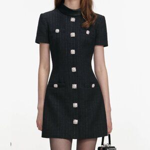 Self-portrait black gemstone buttoned knitted mini dress